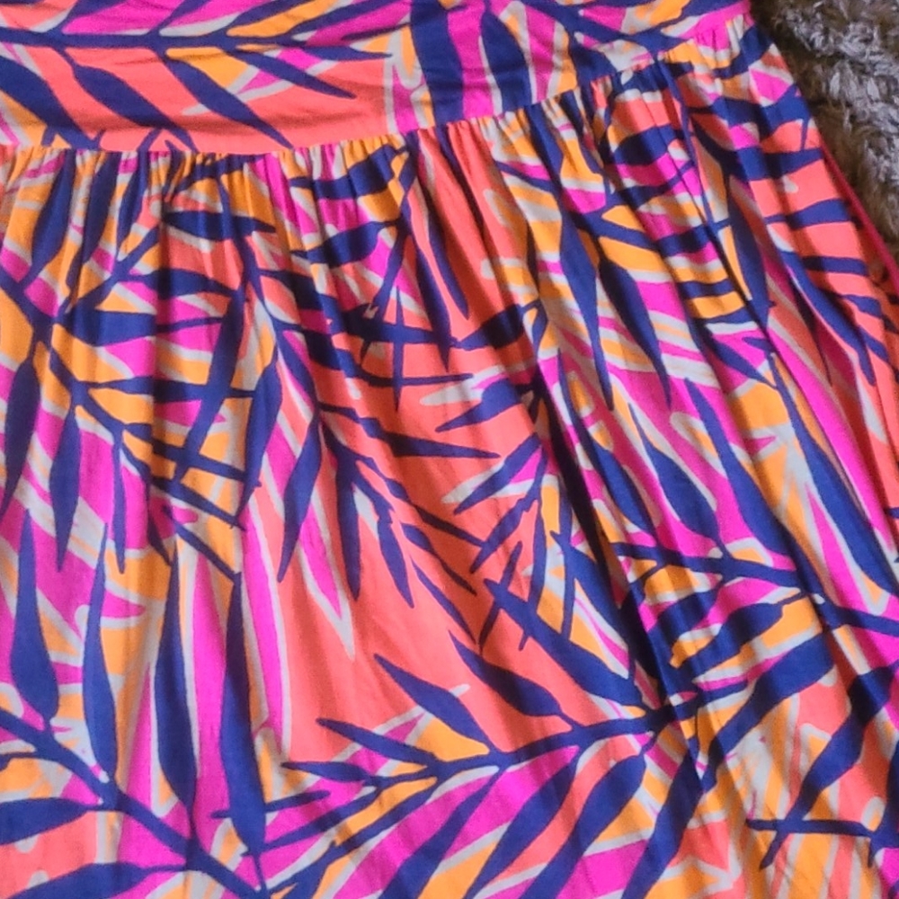 🔴 2/$10 LIKE NEW LB Colorful Leaf Print Pink Navy Coral Skirt Size 14/16 🍃 🍂 - Picture 5 of 9